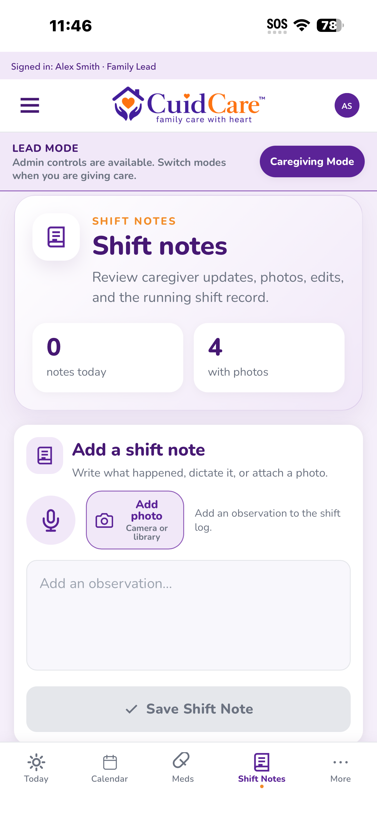 CuidCare Shift Notes screen shown with fictional account information