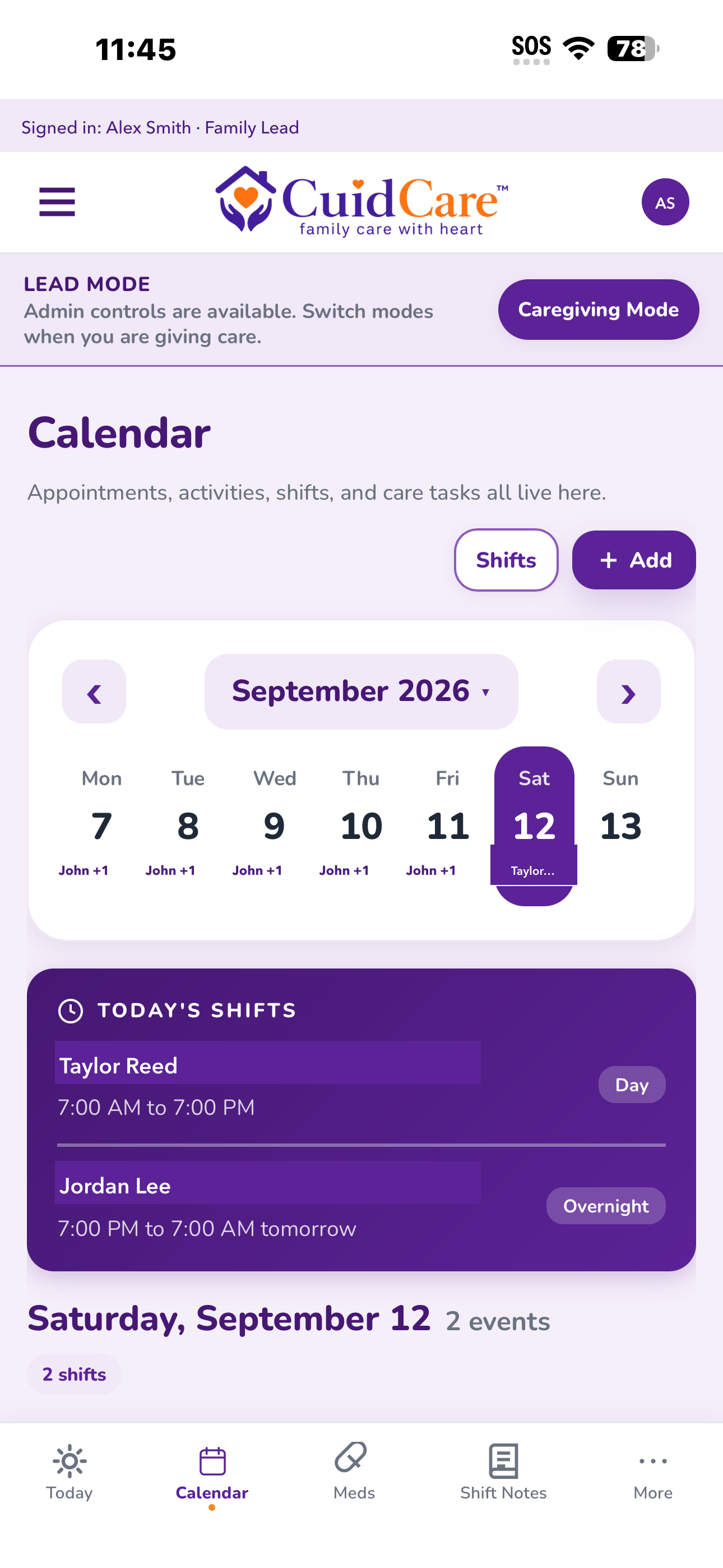 CuidCare Calendar screen shown with fictional schedules and names