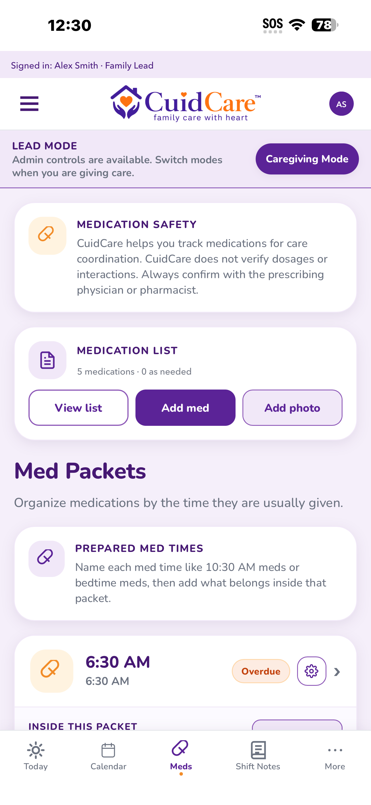 CuidCare Medications screen shown with fictional account information