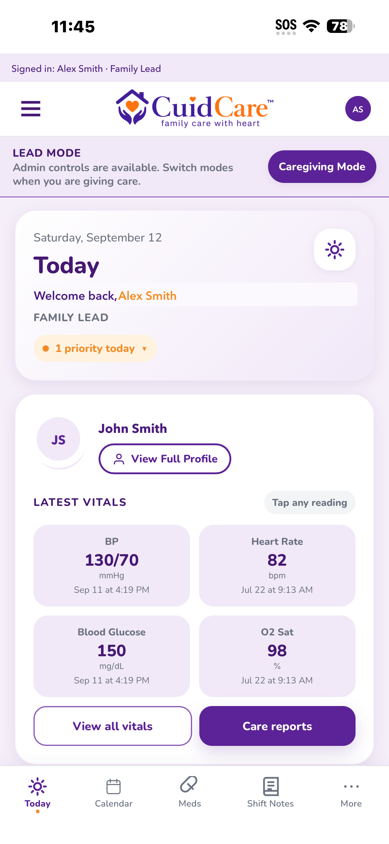 CuidCare Today screen shown with fictional family information
