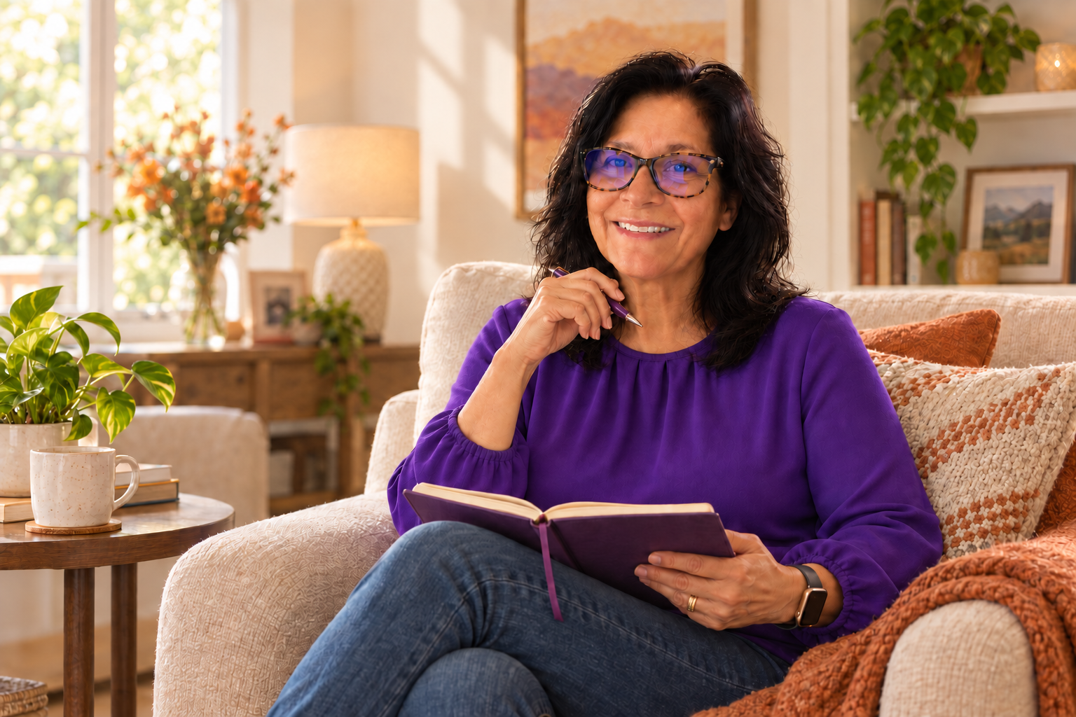 Sandra Ruiz-Chaudhary seated comfortably with an open journal