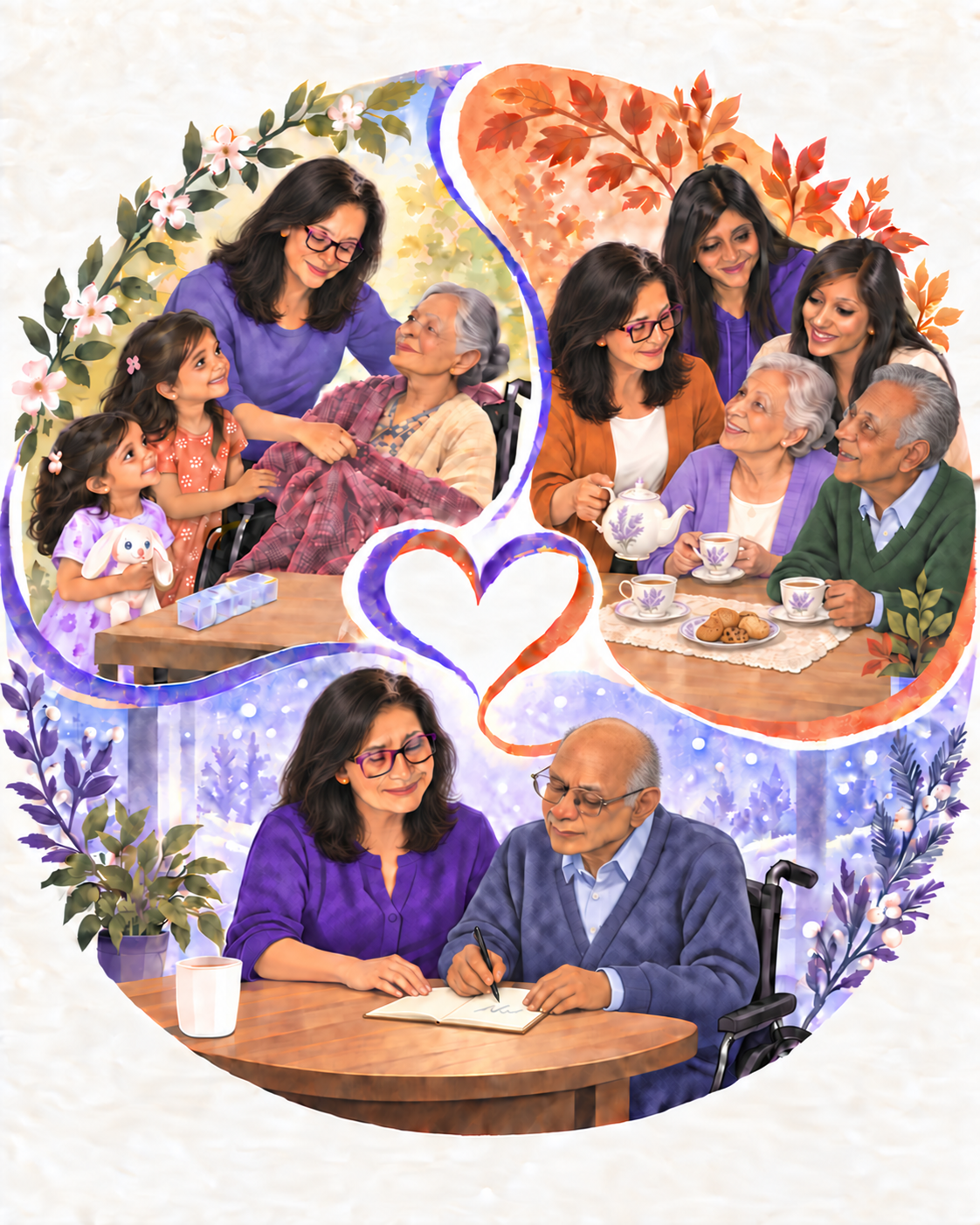 An illustrated circle showing Sandra Ruiz-Chaudhary through three seasons of family caregiving