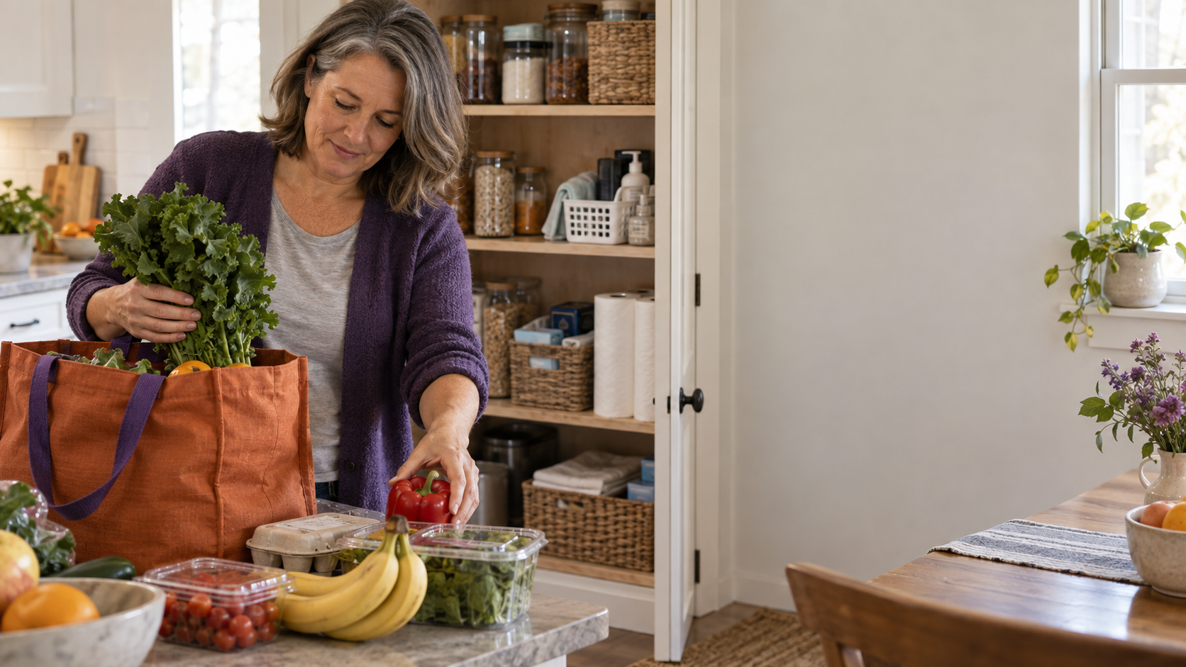 A family caregiver putting groceries and household supplies away