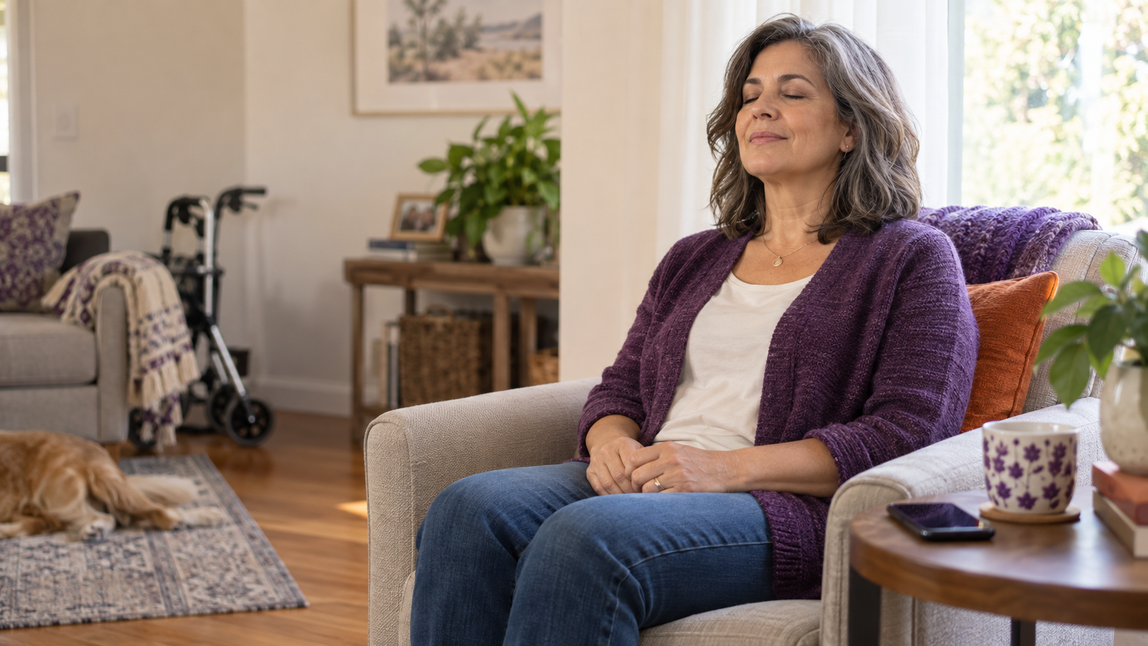 A family caregiver taking a quiet seated breathing break at home