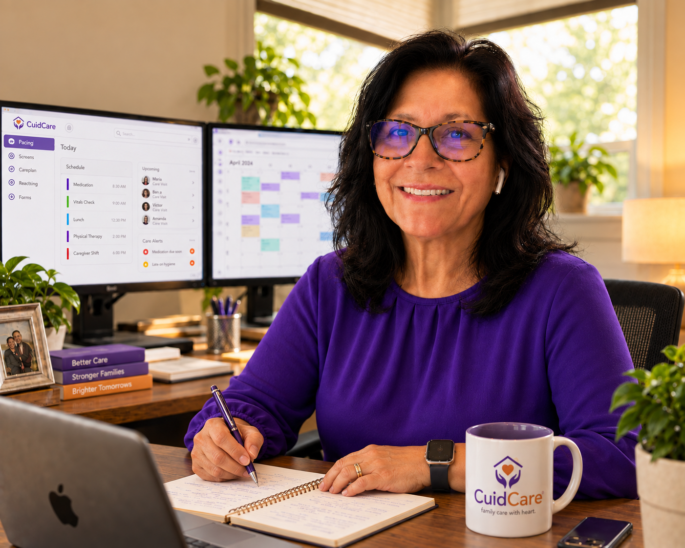 Sandra Ruiz-Chaudhary writing at her CuidCare workspace